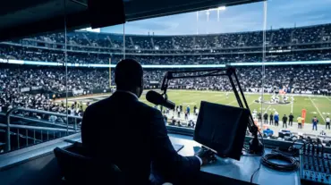 NFL broadcast booth overlooking a stadium, symbolizing Brady’s Fox role and Raiders ownership limits